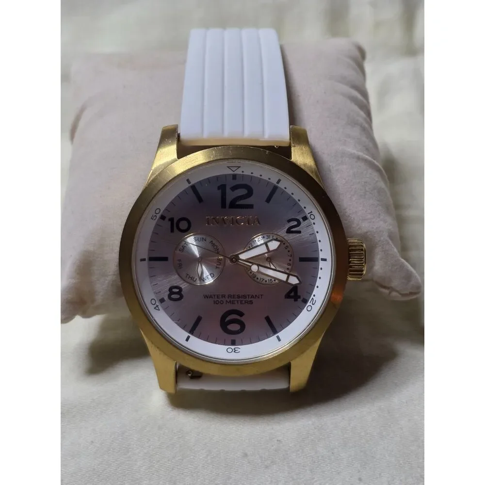 Invicta Specialty Gold 12174 48mm Day Date Quartz Watch w/ White Rubber Strap